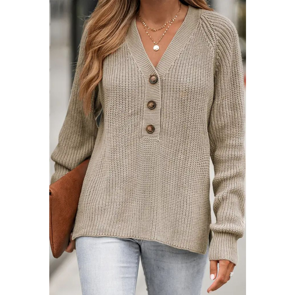 Cupshe Crochet Rib Half-Buttoned Sweater NWT in Tan Faux Tortoise Shell Buttons - Picture 4 of 8